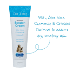 Dr Zoo Natural Scratch Cream tube with aloe vera, chamomile and colloidal oatmeal for dry, scratchy skin.