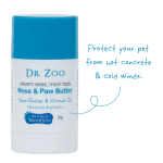 Dr Zoo Nose & Paw Butter bottle with blue cap; protects pets' noses and paws from hot pavement and cold winds.