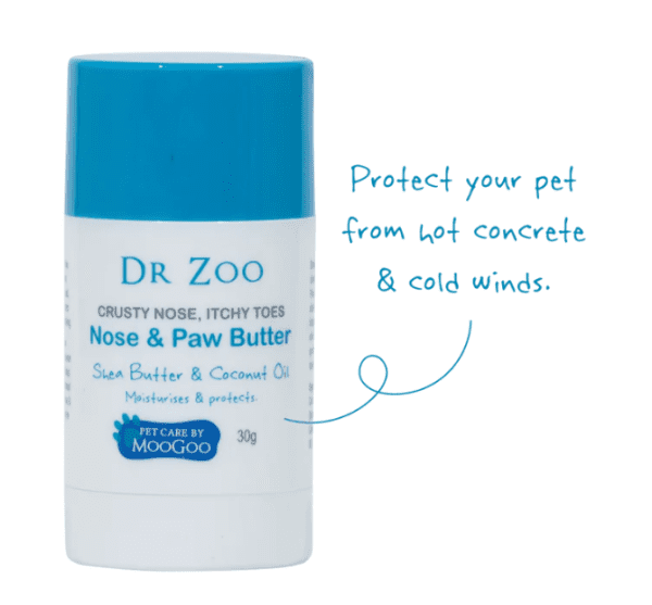 Dr Zoo Nose & Paw Butter bottle with blue cap; protects pets' noses and paws from hot pavement and cold winds.
