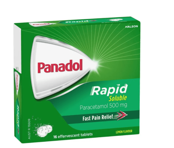 Panadol Rapid Soluble box: paracetamol 500 mg, lemon‑flavour effervescent tablets (16) for fast pain relief, green packaging imagery