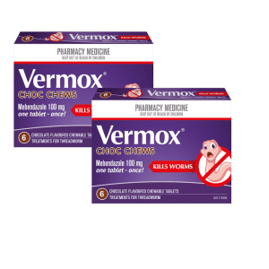 2* Vermox Worm Treatment Chocolate Flavoured Chewable 6 Tablets