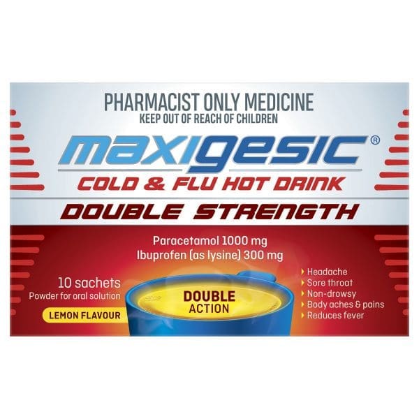 Maxigesic Cold & Flu Hot Drink Double Strength Lemon Flavour 10 Pack