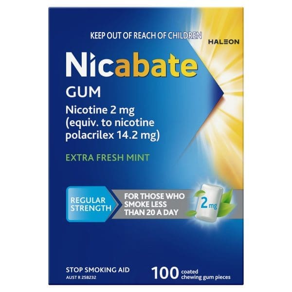 Nicabate Gum Stop Smoking Nicotine 2mg Regular Strength Extra Fresh Mint Coated Chewing Gum 100 Pack