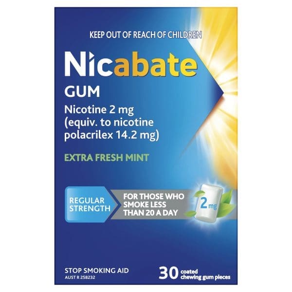 Nicabate Gum Stop Smoking Nicotine 2mg Regular Strength Extra Fresh Mint Coated Chewing Gum 30 Pack