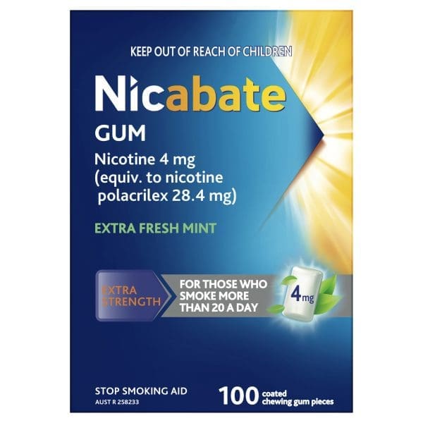 Nicabate Gum Stop Smoking Nicotine 4mg Extra Strength Extra Fresh Mint Coated Chewing Gum 100 Pack