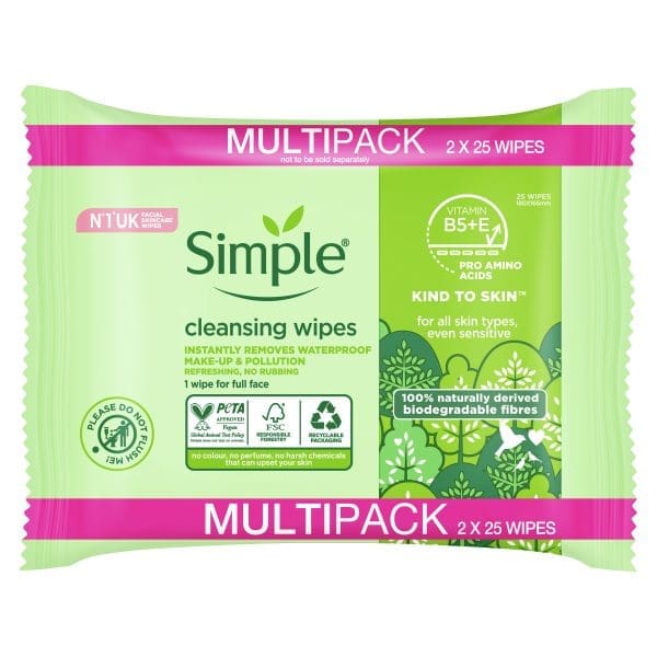 Simple Kind to Skin Biodegradable Cleansing Wipes with vitamin B5, vitamin E and pro amino acids 50 pc