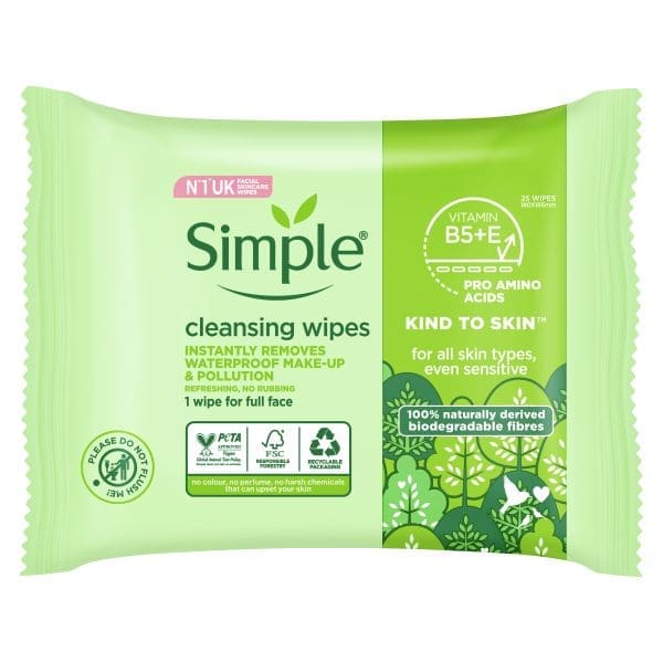 Simple Kind to Skin Biodegradable Cleansing Wipes with vitamin B5, vitamin E and pro amino acids make-up 25 pc Simple Kind to Skin Biodegradable Cleansing Wipes with vitamin B5, vitamin E and pro amino acids make-up 25 pc